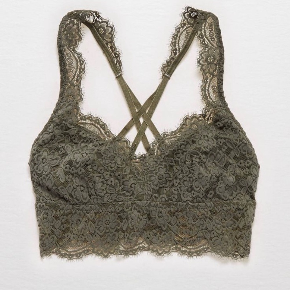 Aerie Lace Bralette Olive Green Strappy Cross Back Size Large